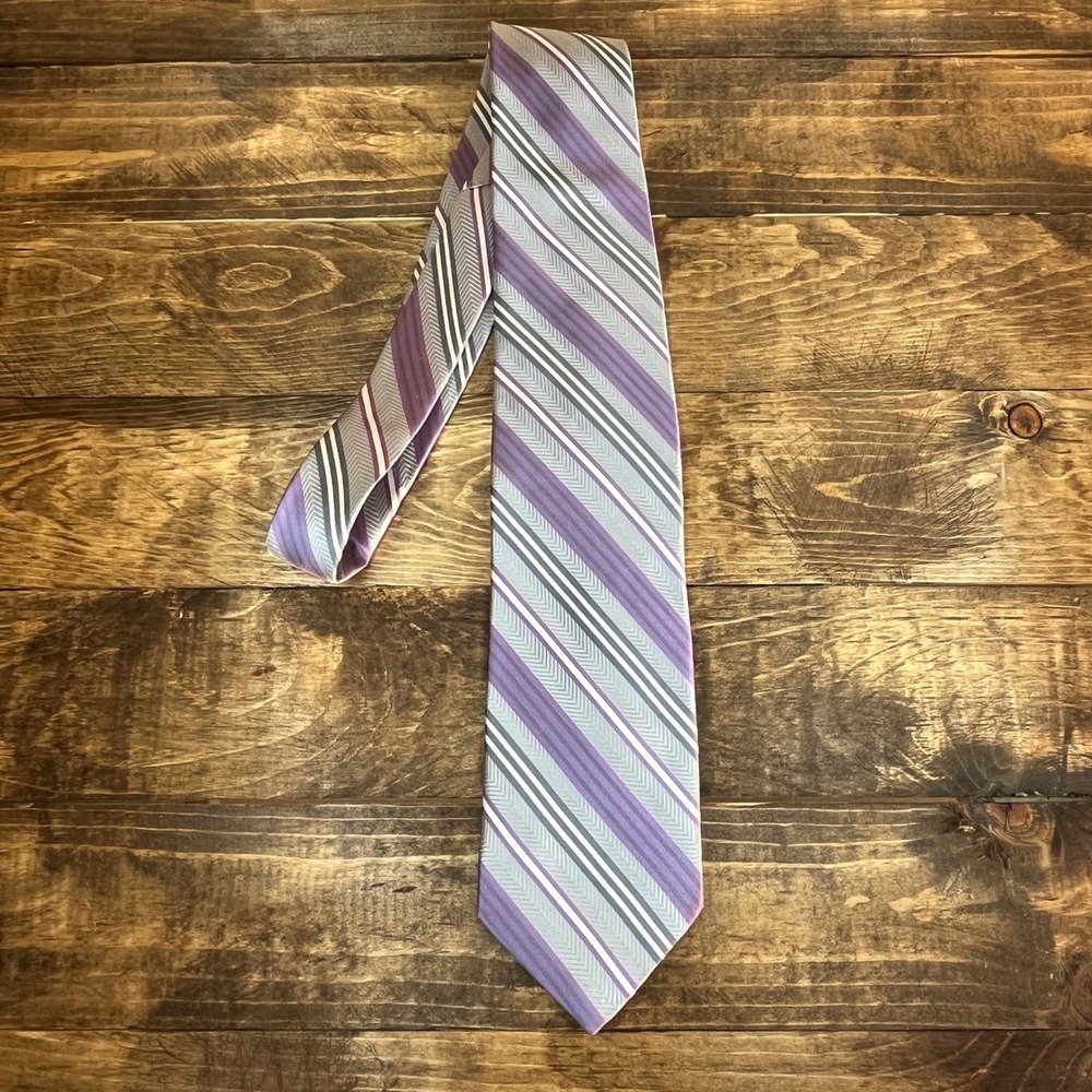 Nicole Miller New York Mens Silk Necktie Purple Silver White Striped Herringbone